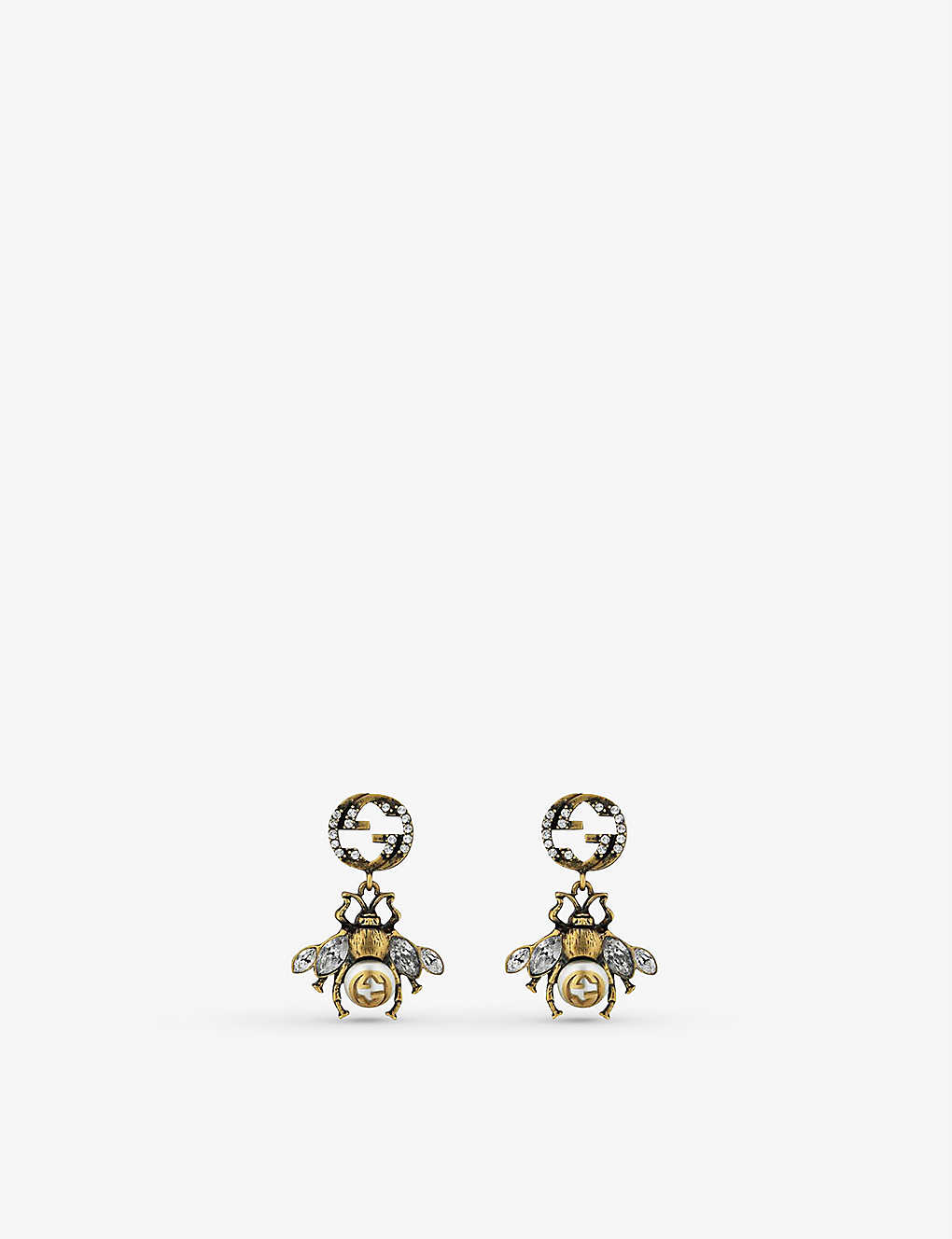 GUCCI Bee-Motif Crystal and Faux-Pearl Earrings endource