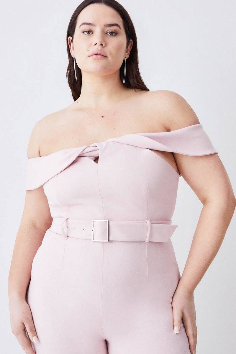 KAREN MILLEN Plus Size Structured Crepe Bardot Belted Wide Leg