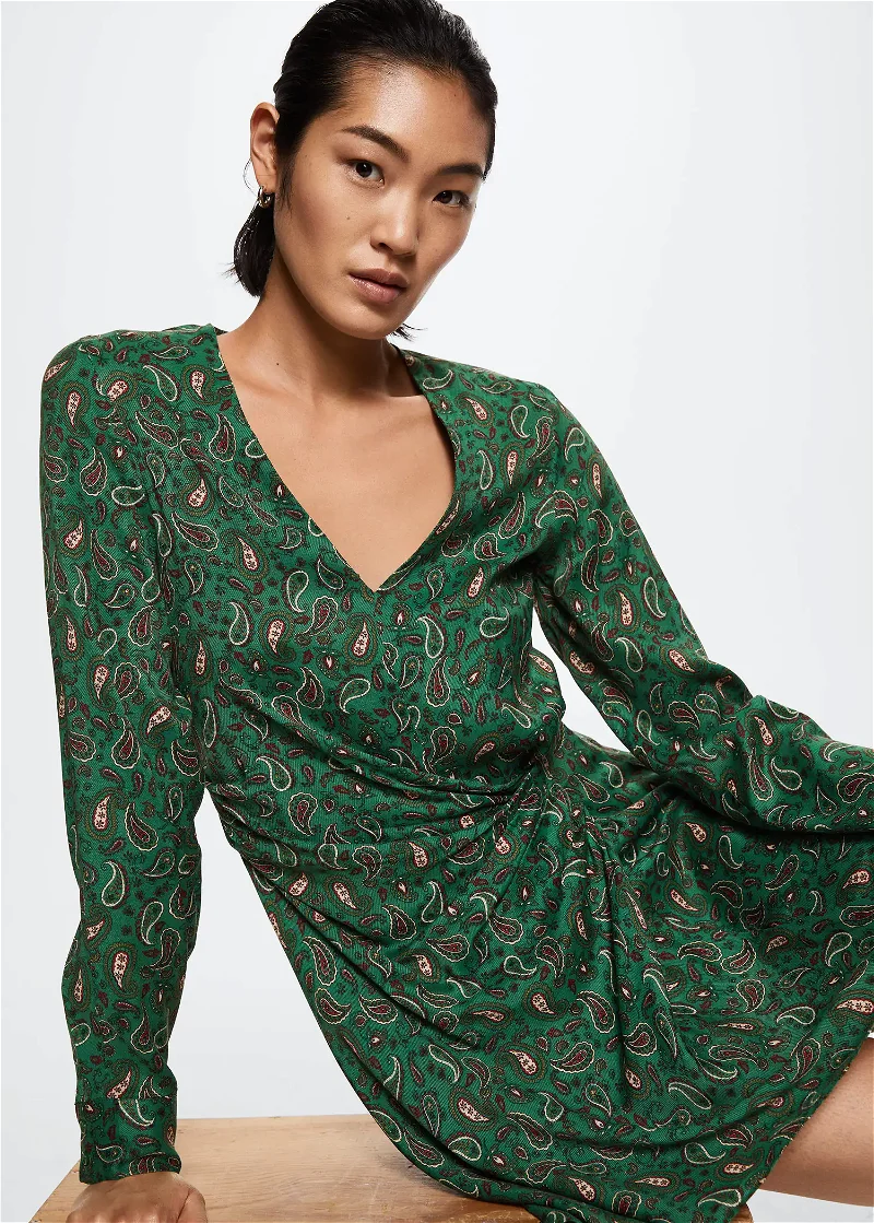 MANGO Paisley-Print Satin Dress in Green