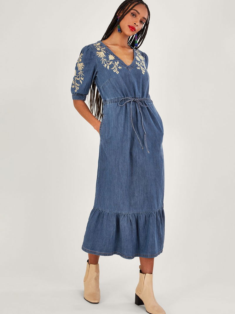 monsoon denim dress Monsoon Embroidered Denim Ruffle Hem Midi Dress