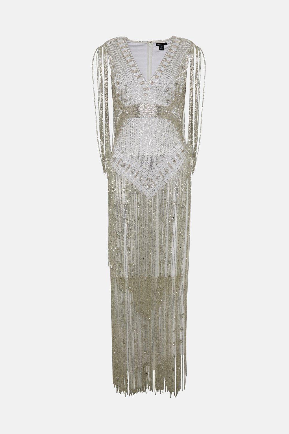 beaded fringed woven maxi dress Karen Millen Fringed Beaded Halter Neck Woven Maxi Dress in Cobalt