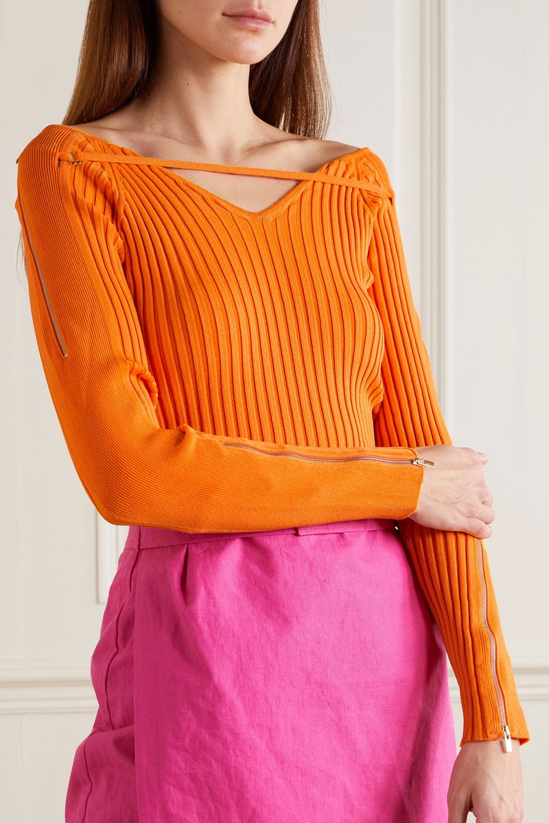 JACQUEMUS Oro Off-The-Shoulder Cutout Ribbed-Knit Top endource