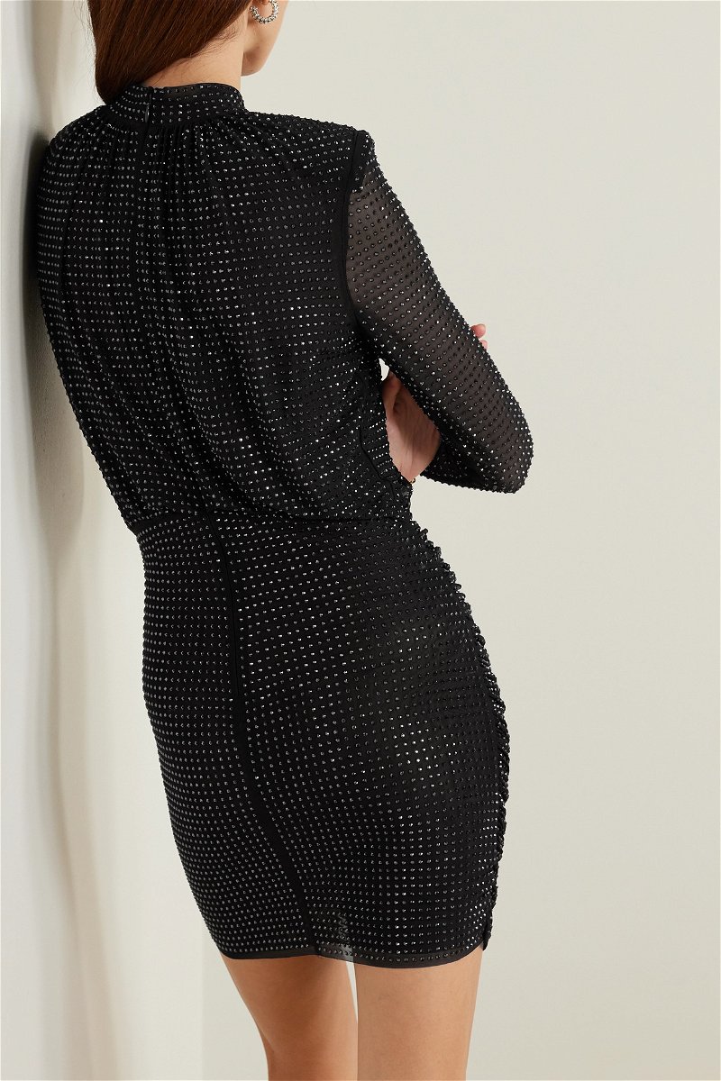 SELF-PORTRAIT Ruched crystal-embellished stretch-mesh mini dress