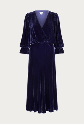 Dark blue velvet wrap dress with long sleeves