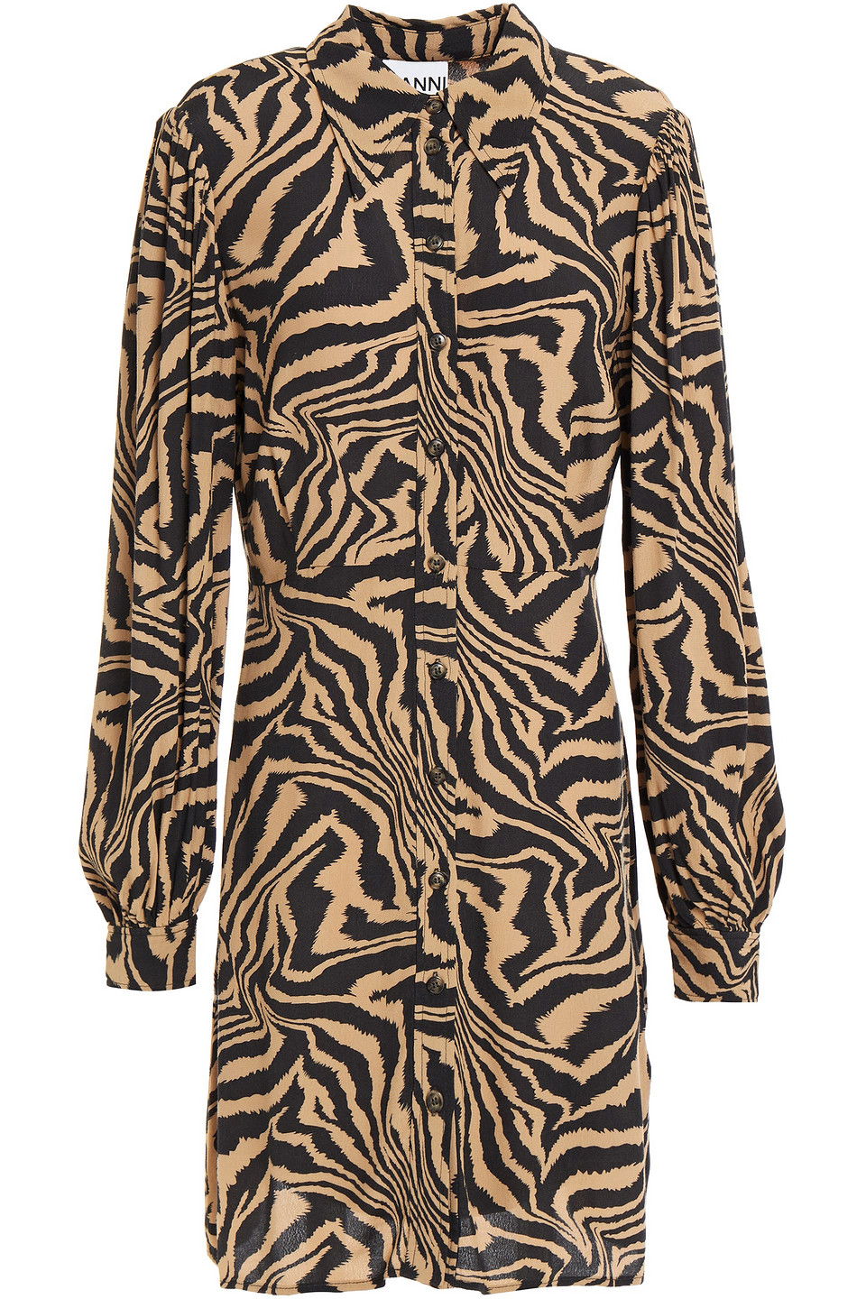 GANNI Printed Crepe Mini Shirt Dress in Neutral | endource