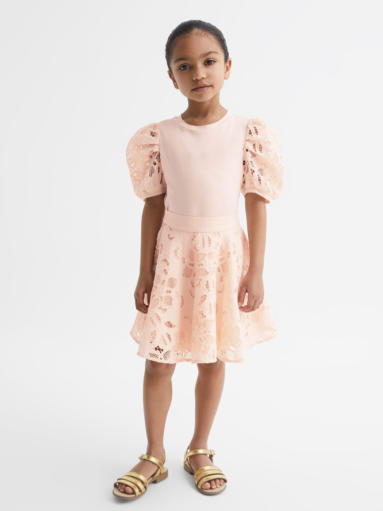 REISS Alberta Floral Lace Puff Sleeve Dress in Pink | Endource