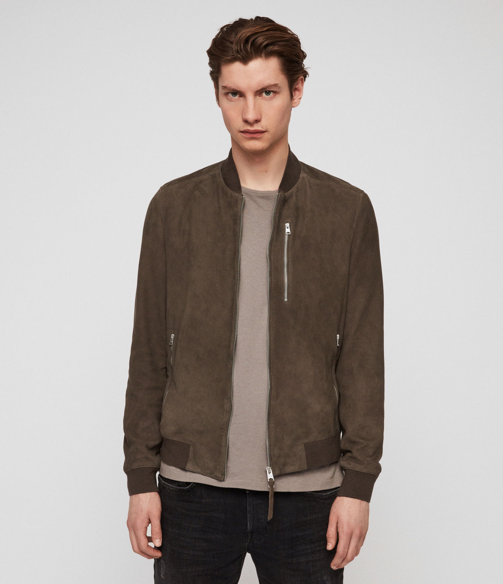 ALLSAINTS Kemble Suede Bomber Jacket in Gravel Grey | Endource