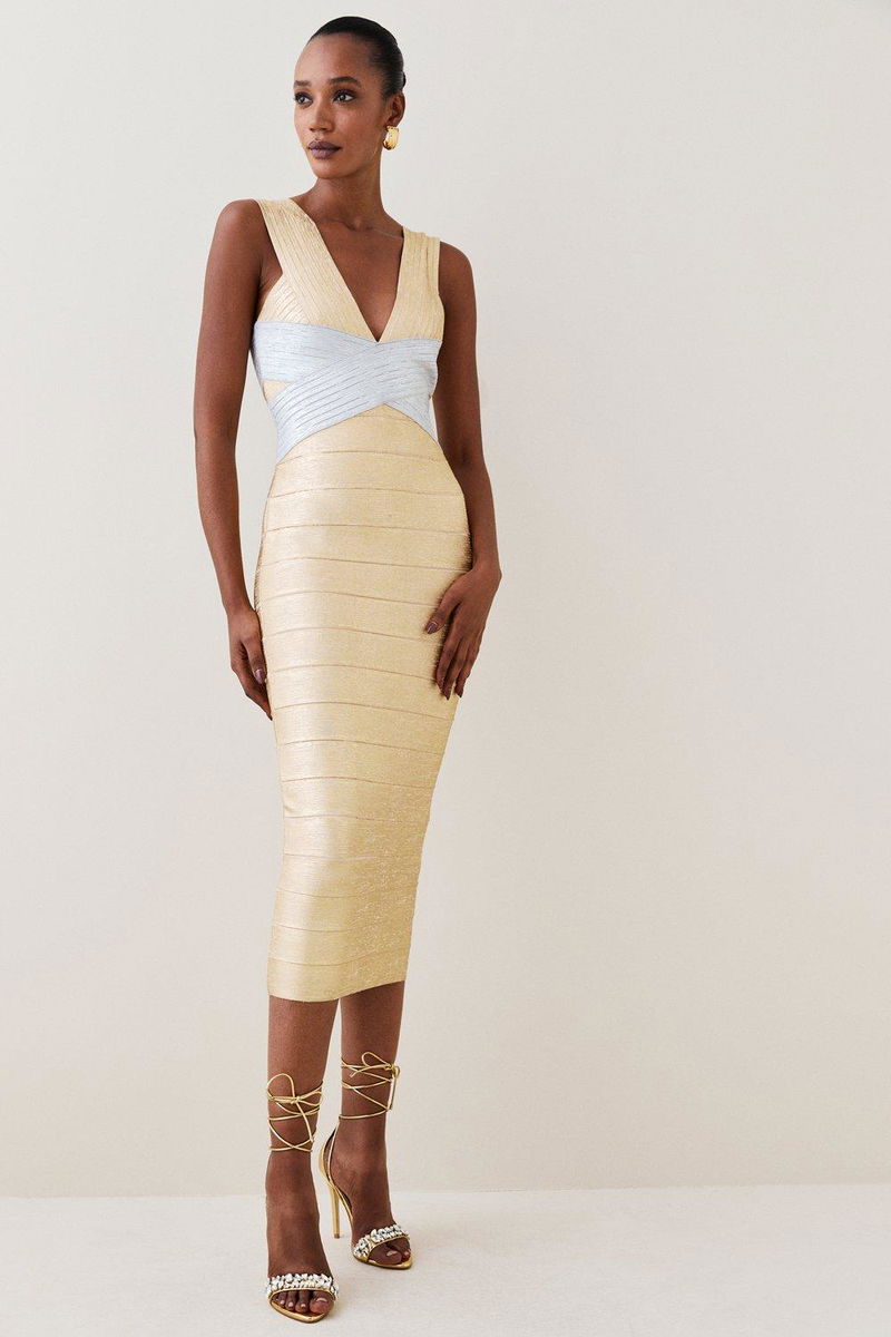 Foiled Bandage Knit Midi Dress