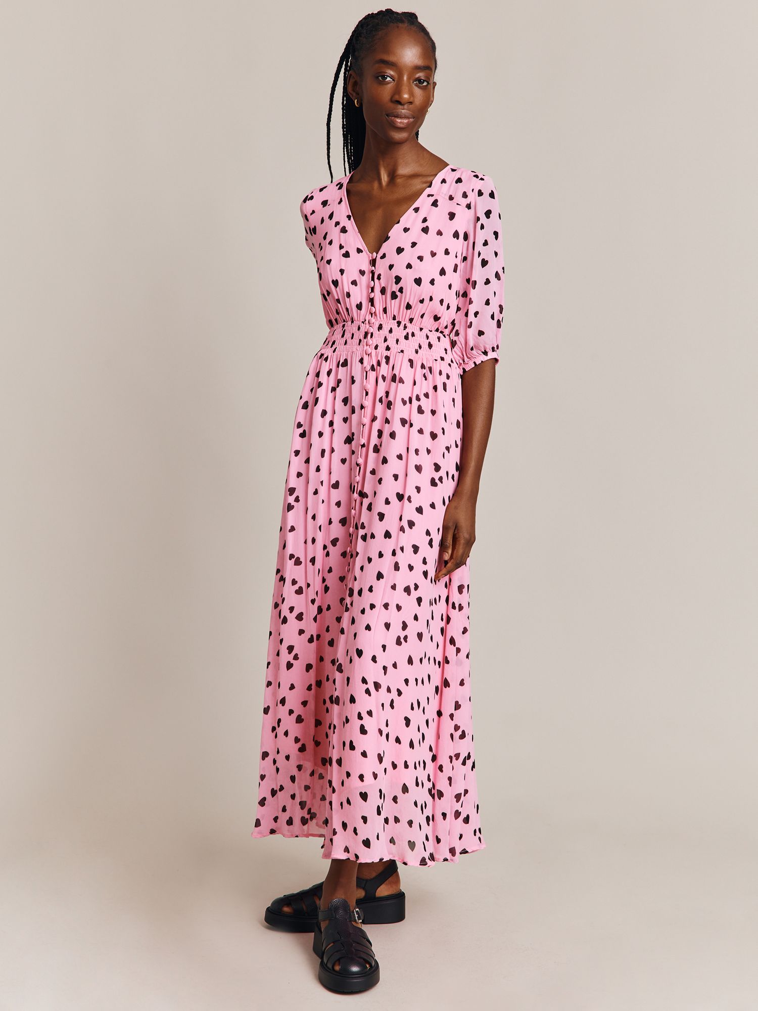 heart print midi dress AX PARIS Red White Heart Print Puff Sleeve Split Midi Dress size 8 Occassion