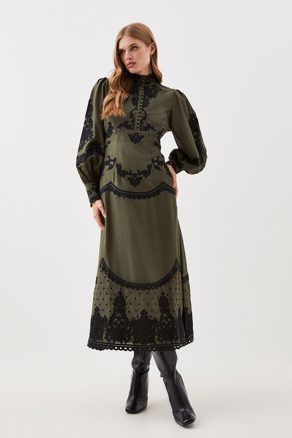 KAREN MILLEN Karen Millen x Lydia Millen - Petite Cotton Cutwork  Embroidered Woven Maxi Dress | endource