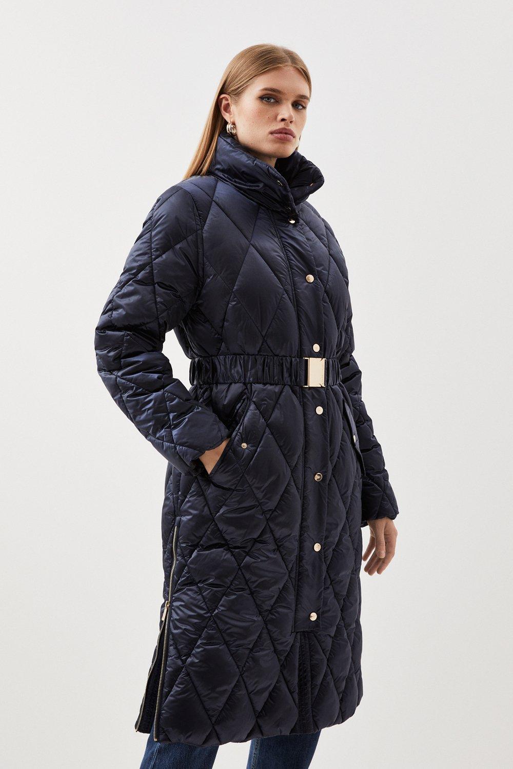 KAREN MILLEN Diamond Quilted Puffer Longline Belted Coat in Khaki
