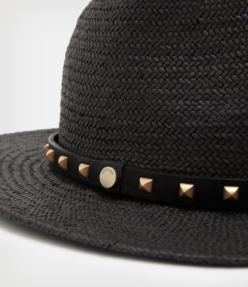 AllSaints Lara Studded Straw Fedora Hat Black Pyramid Studs ALLSAINTS Lara Studded Straw Fedora | endource main image 3