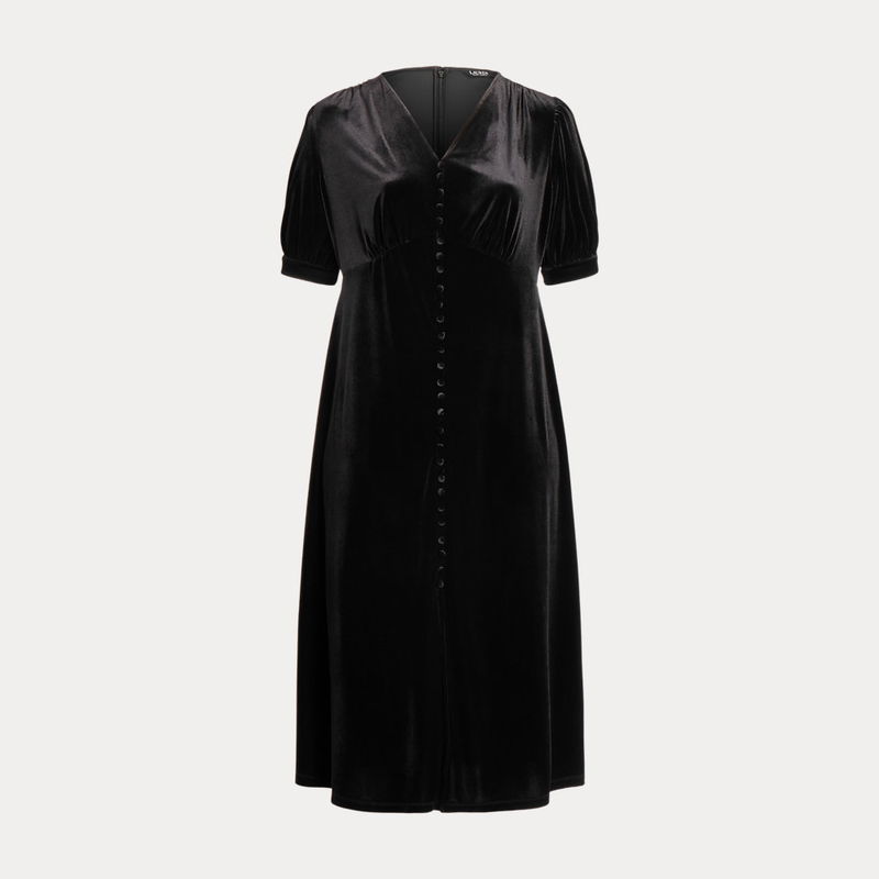 LAUREN RALPH LAUREN Curve - Stretch Velvet Puff-Sleeve Midi Dress | endource