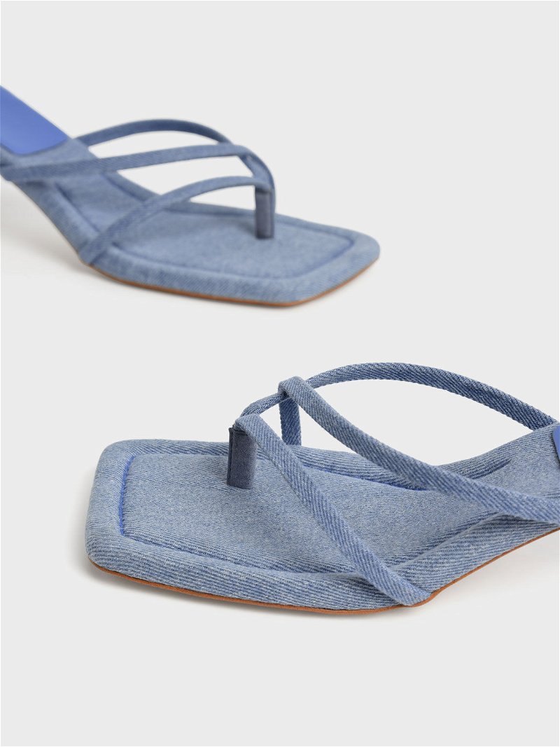 CHARLES & KEITH Denim Strappy Heeled Thong Sandals in Blue