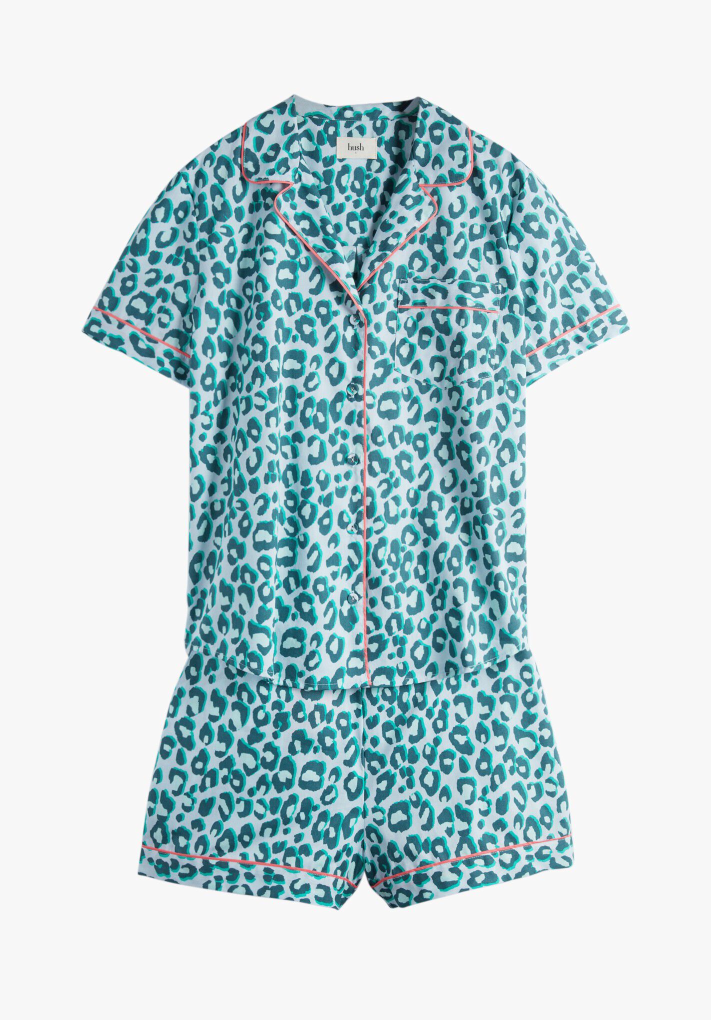 HUSH Isla Printed Cotton Pyjamas in Leopard Shadow Blue/Green | Endource