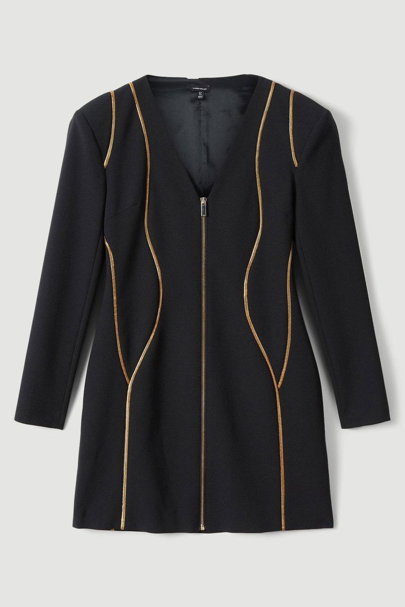 black dress gold zipper front KAREN MILLEN Gold Trim Zip Front Mini Dress