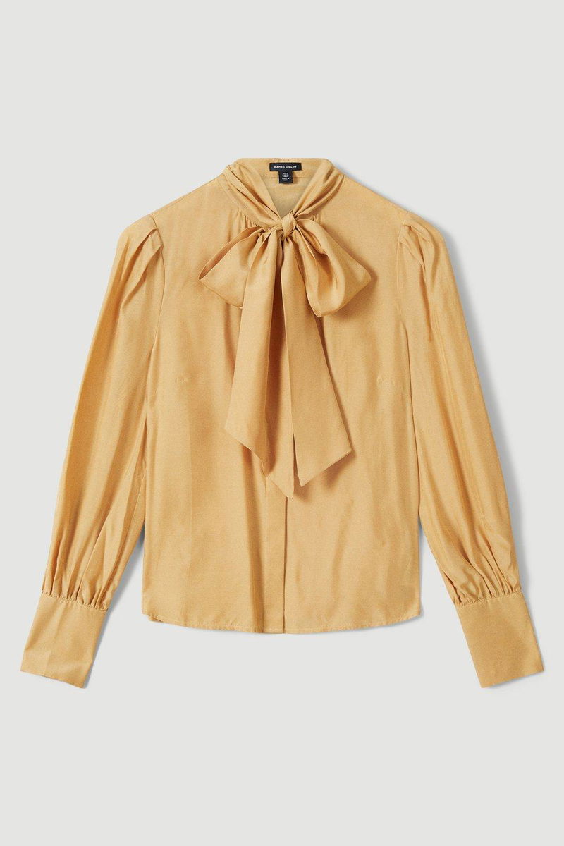 KAREN MILLEN Silk Viscose Satin Pussy Bow Woven Shirt endource