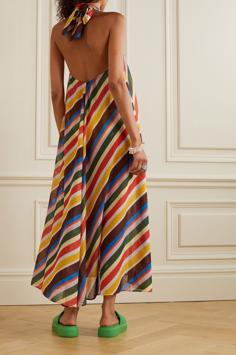 GANNI Striped Recycled Chiffon Halterneck Midi Dress | endource