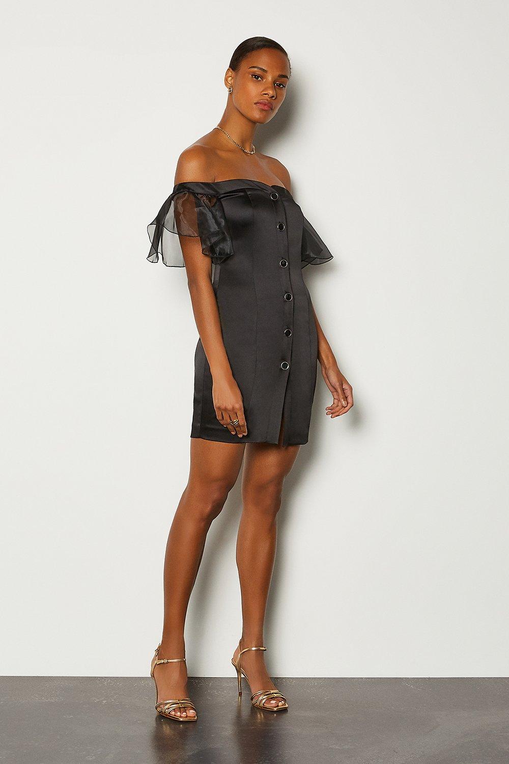 KAREN MILLEN Bardot Button Front Organza Sleeve Mini Dress | endource
