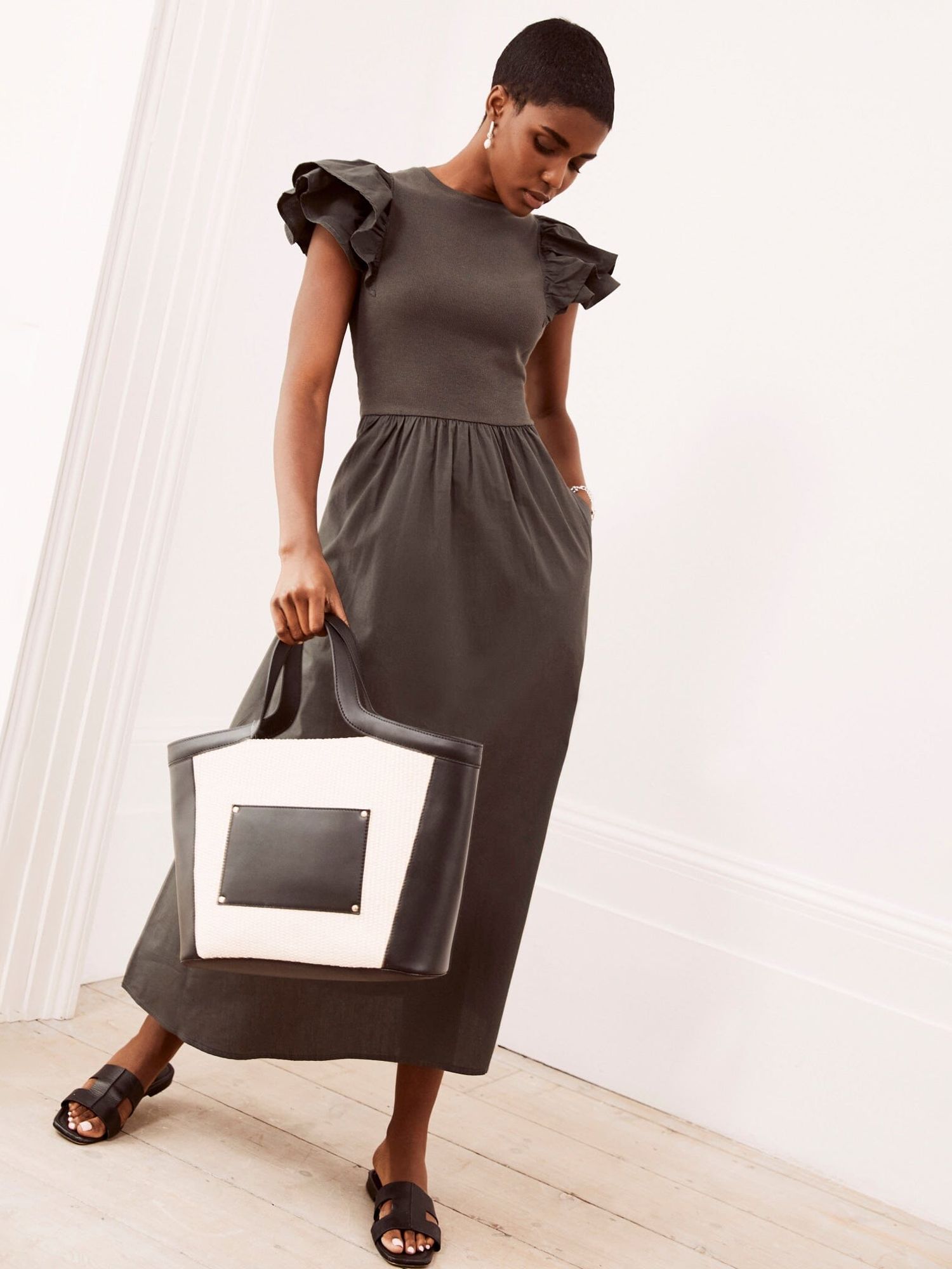 knee length dresses for ladies Navy Leaf Print Ruffle Detail Midi Dress  Mint Velvet