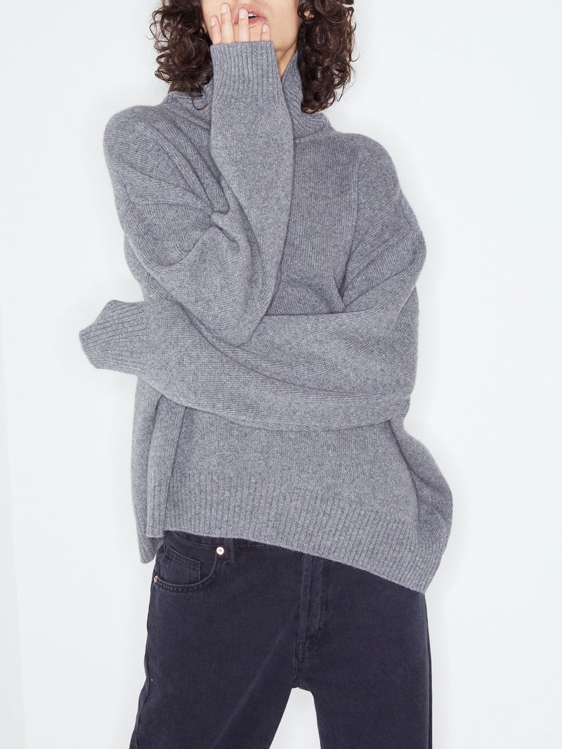 Cropped Displaced-Sleeve Roll-Neck Wool Sweater