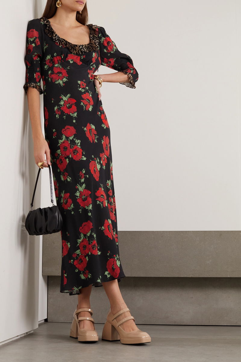 RIXO Juliette Ruffled Printed Crepe Midi Dress | endource