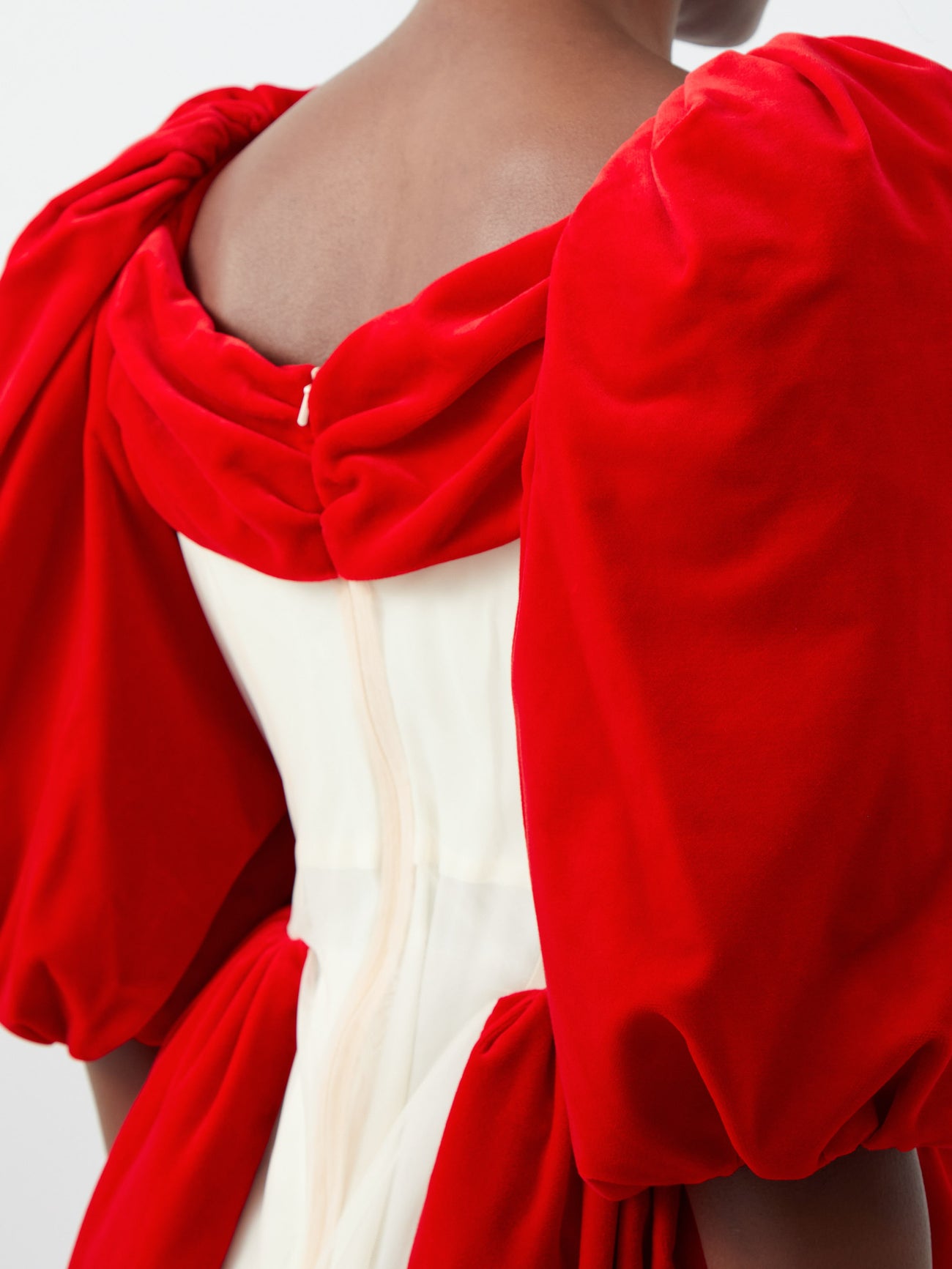 simone rocha puff sleeve red organza dress SIMONE ROCHA Puff-Sleeved Organza-Insert Cotton-Velvet Dress