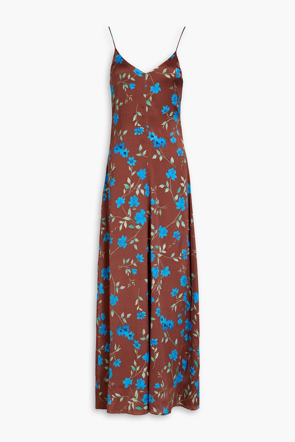 GANNI Floral-Print Stretch-Silk Satin Maxi Slip Dress in Brown | Endource