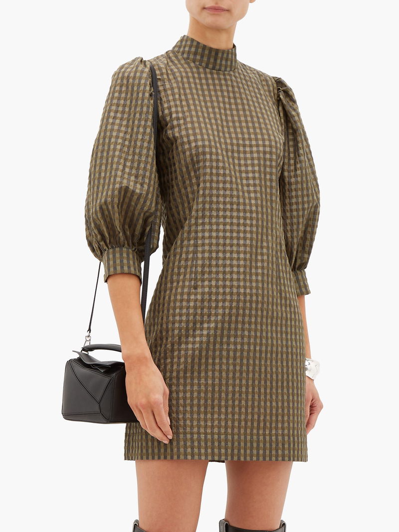 GANNI Puff-Sleeve Gingham Seersucker Mini Dress | endource