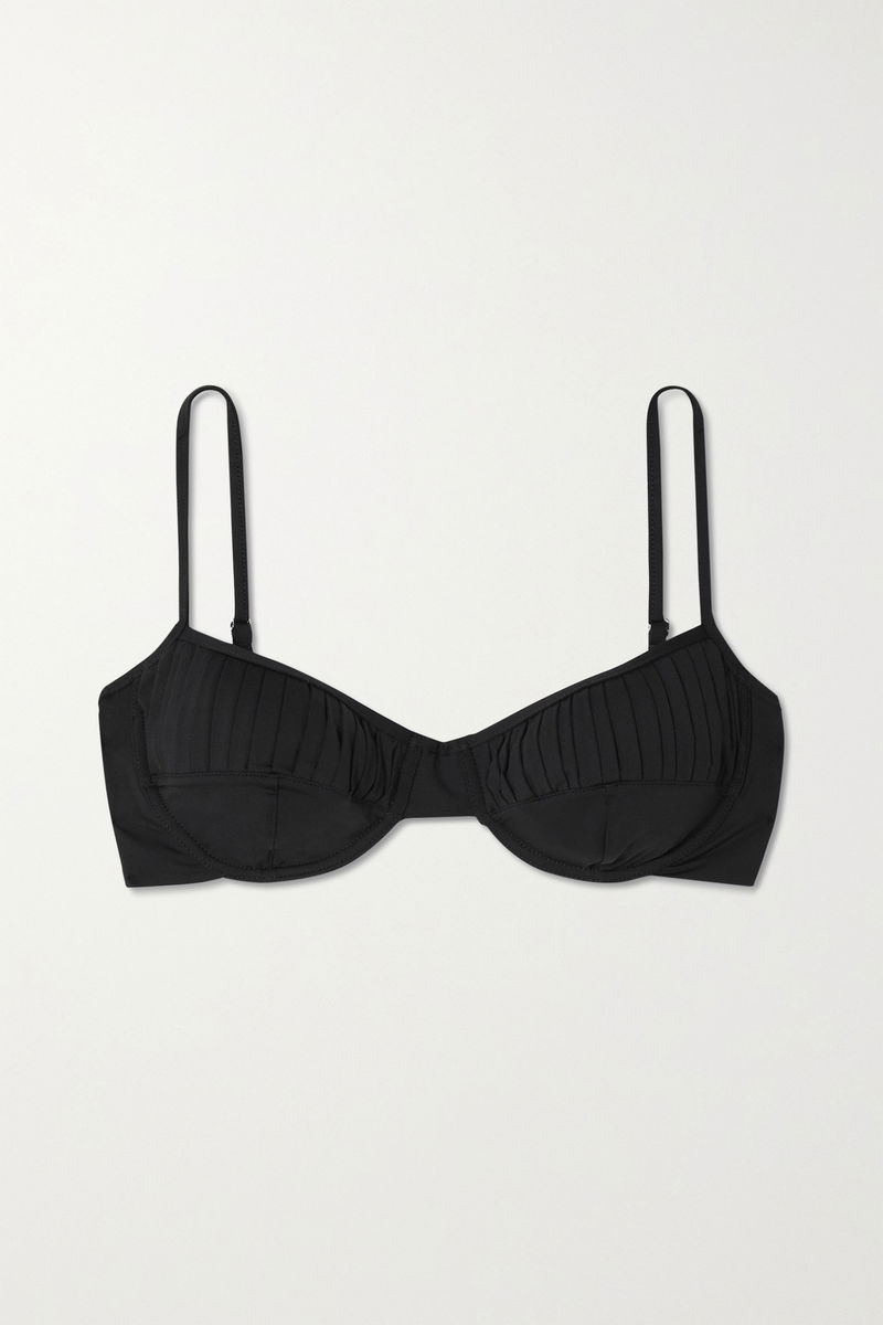 Black ribbed bikini top on a white background