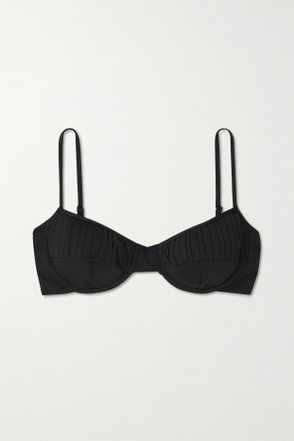 Black ribbed bikini top on a white background
