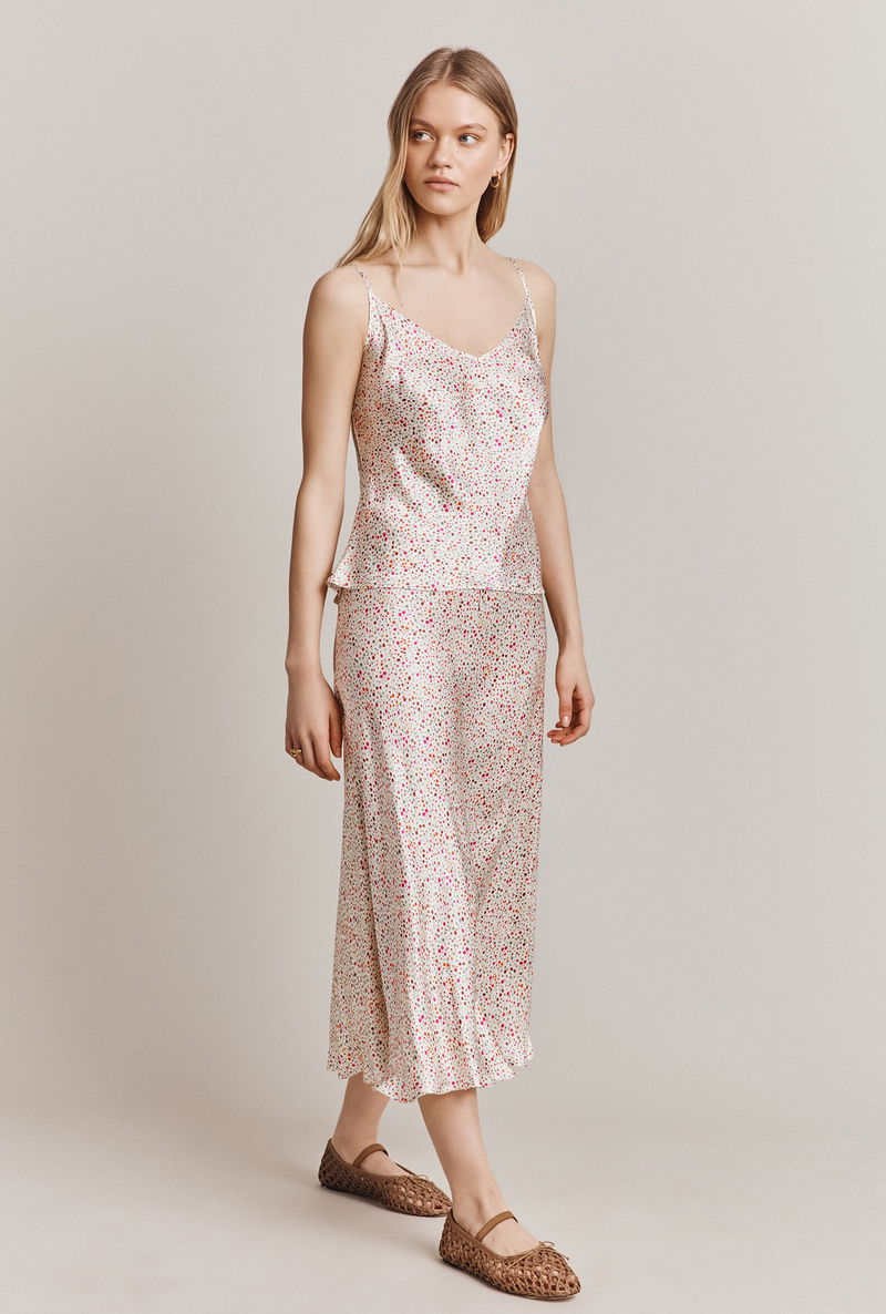 GHOST floral silk slip top and midi skirt set