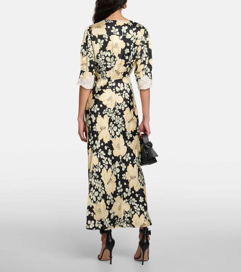 RIXO Simone Floral Satin Midi Dress in Yellow | endource