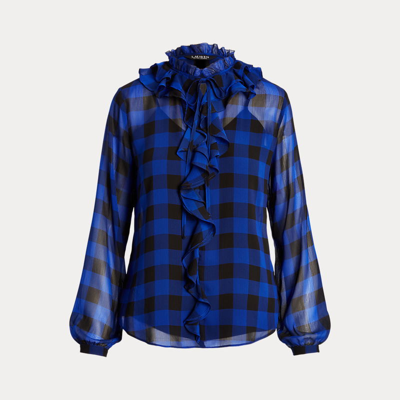 LAUREN RALPH LAUREN Buffalo Check Ruffled Georgette Blouse in Blue 