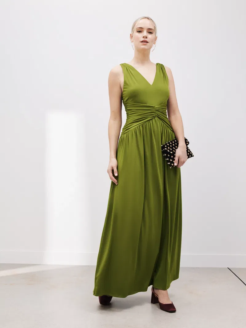 green emerald velvet dress HACCHIC Couture Pleated Maxi Dress in White main image 0