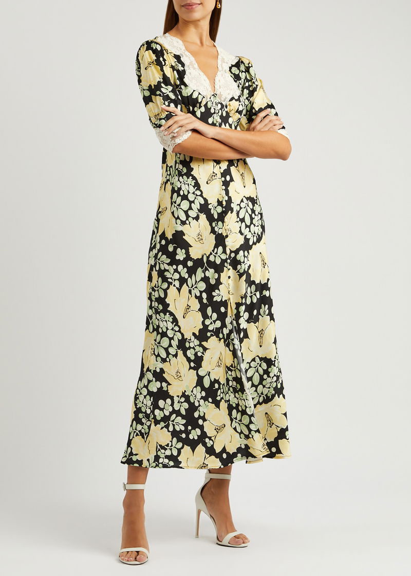 RIXO Simone Floral-Print Satin Midi Dress | Endource