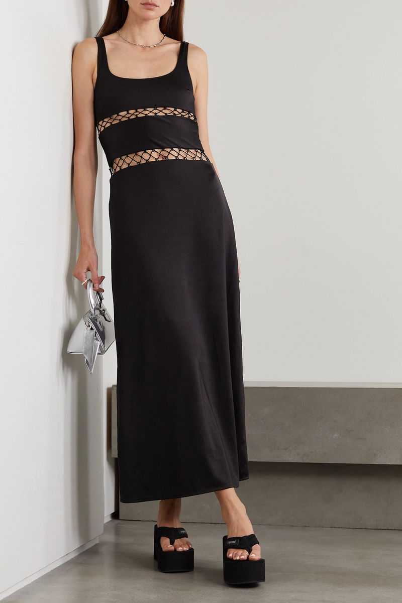 leslie amon crochet dress LESLIE AMON Donatella Crochet-Trimmed Stretch-Jersey Maxi Dress