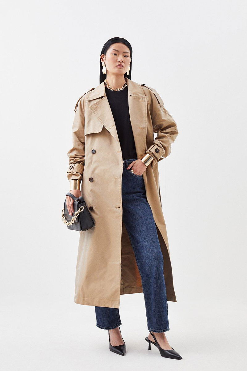 Karen Millen Oversized Tab Detail Belted Longline Trench In Camel Endource 2820