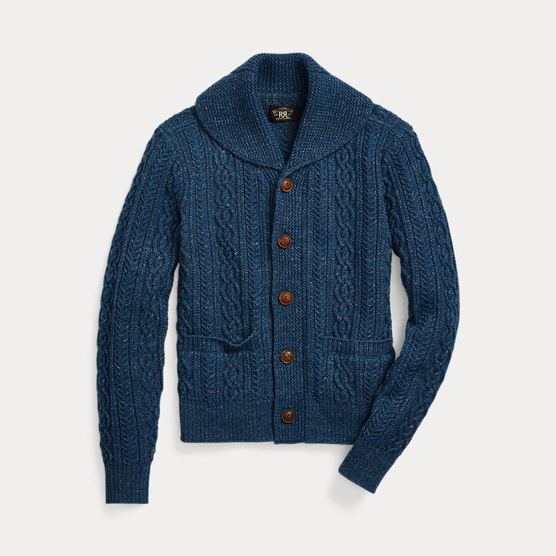 RALPH LAUREN RRL Cable Cotton-Wool Shawl Cardigan in Blue