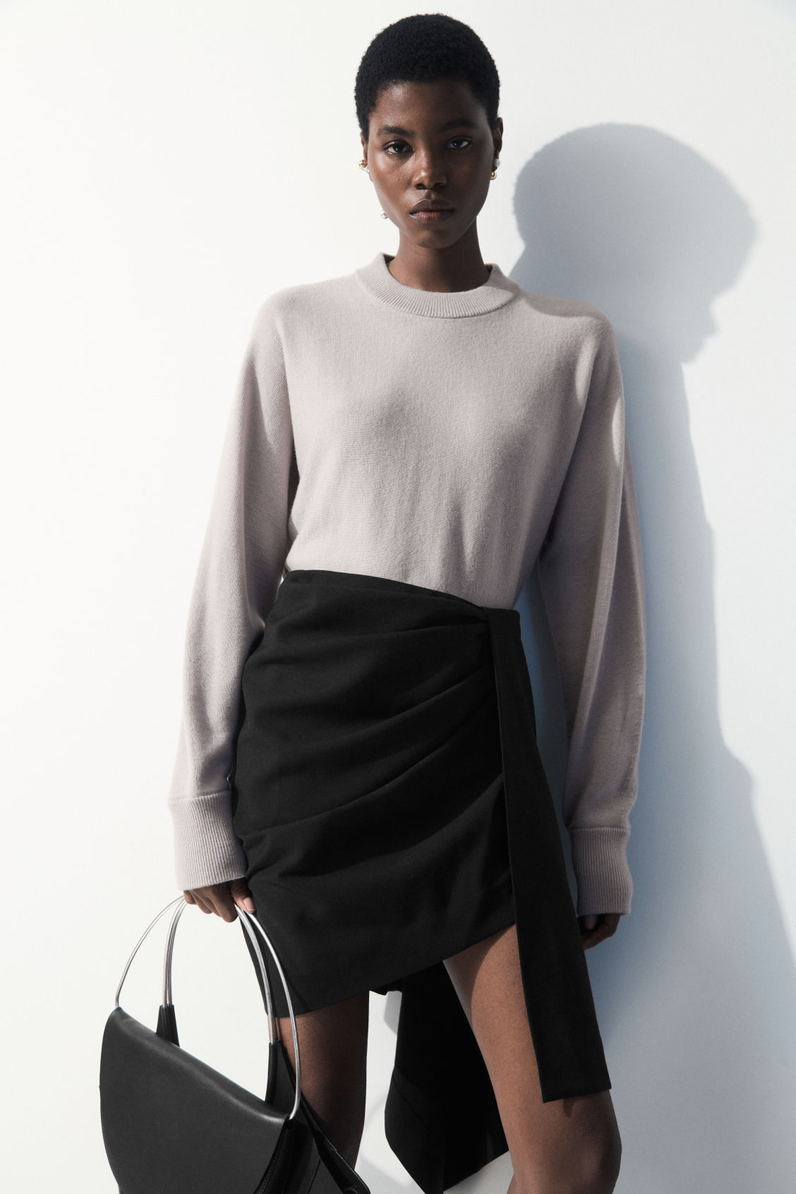 cos asymmetric draped mini dress Elegant Long Sleeve A-Line Midi Dress for Women  Soft Stretch Fabric   FineLook