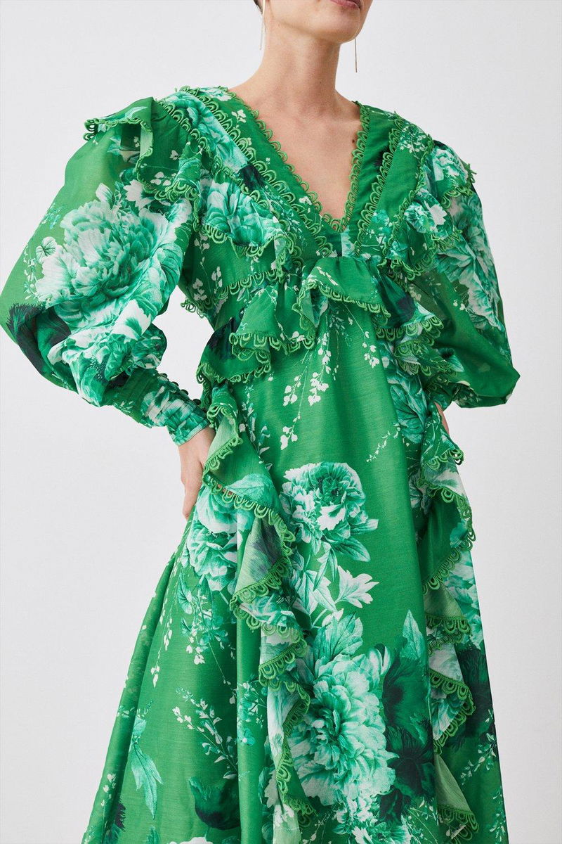 Green Satin Floral Trim Maxi Dress – Gabi Swimwear