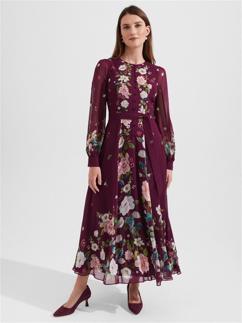HOBBS Maribella Floral Silk Maxi Swing Dress in Burgundy/Multi | Endource