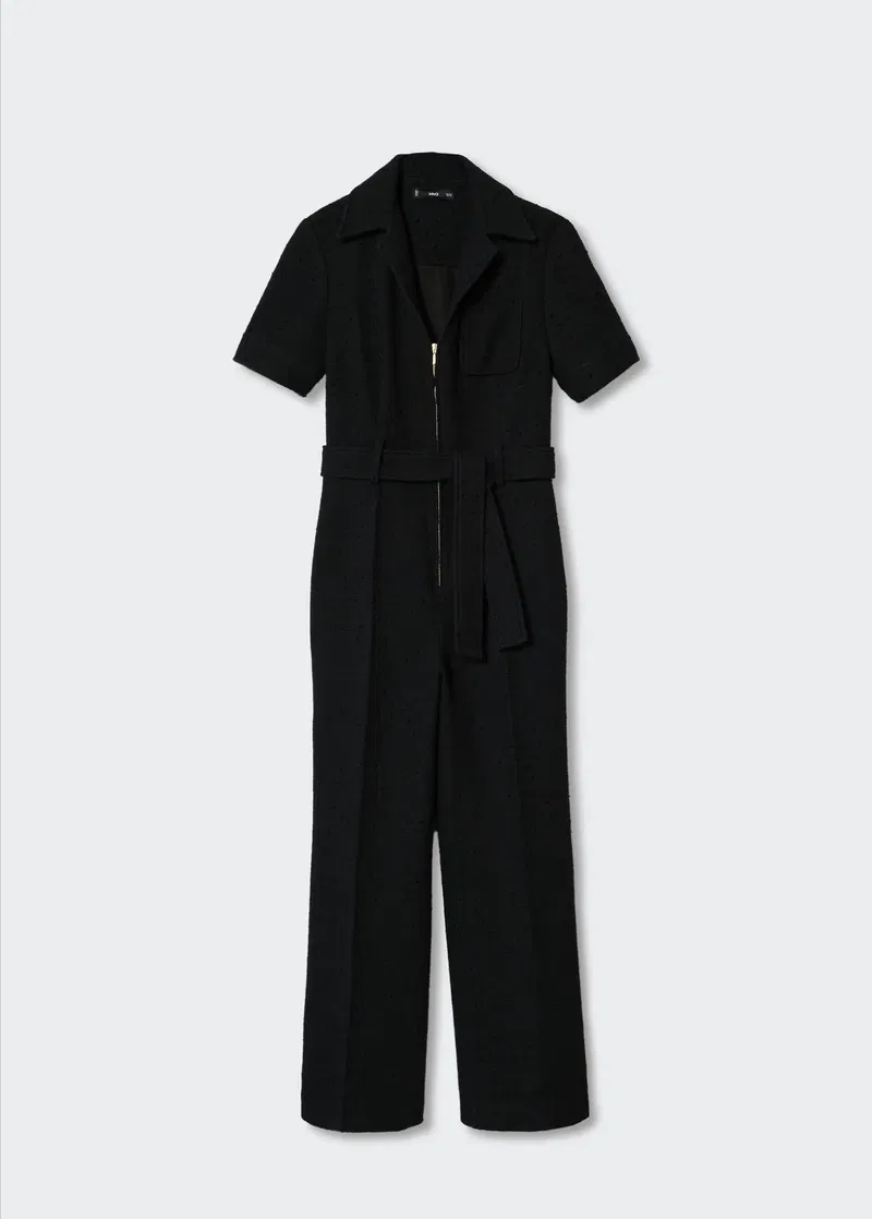 MANGO Short Sleeve Tweed Jumpsuit in Black