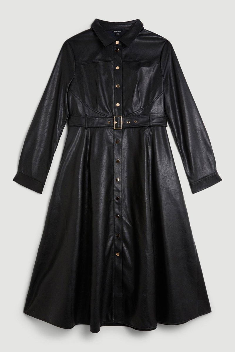 faux leather shirt dress plus size Final Sale Plus Size Faux Leather Collar Dress with Tie in Black – Chic And  Curvy main image 0