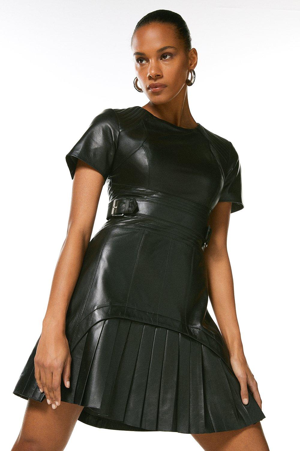 KAREN MILLEN Leather Military Pleated Mini Dress | endource
