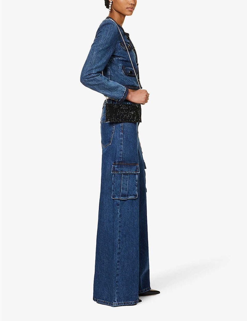 Womens Self-Portrait blue Mid-Rise Wide-Leg Cargo Jeans