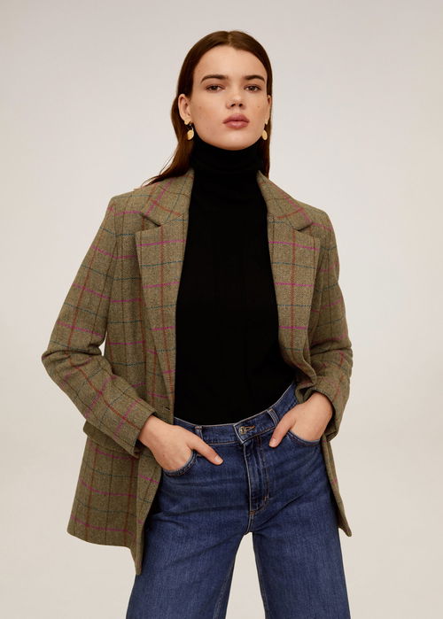 MANGO Check Wool Blazer in Green | Endource