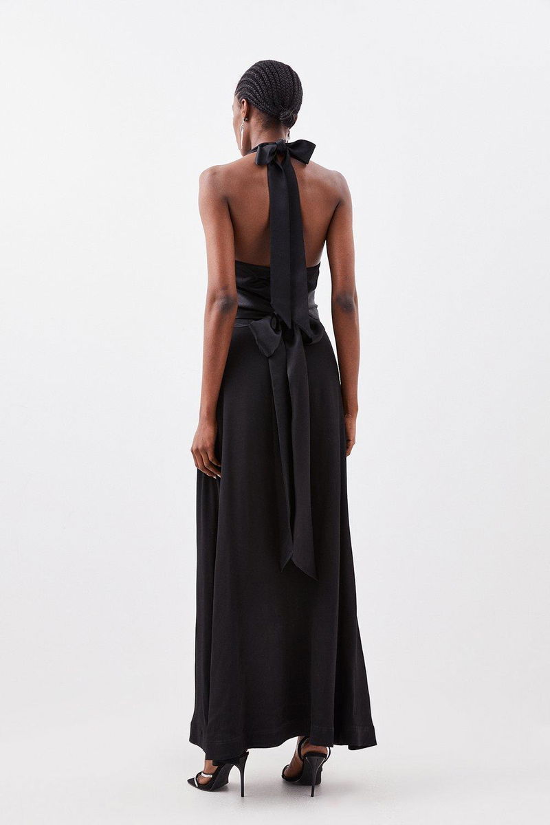 KAREN MILLEN Satin Back Crepe Halter Neck Midi Dress | endource