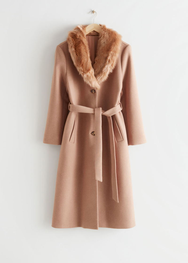 FAUX FUR COLLAR COAT - CAMEL