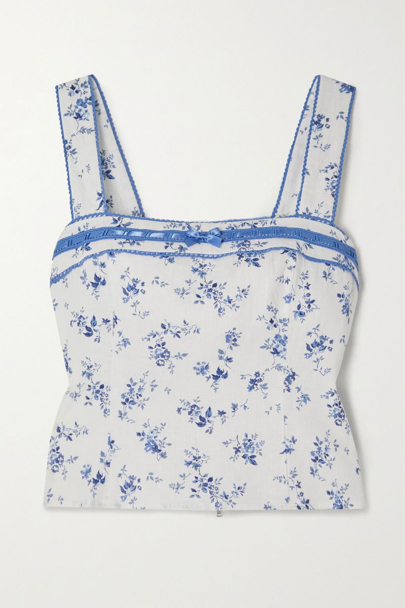 REFORMATION Eloise Satin-Trimmed Floral Linen Top in Blue | Endource